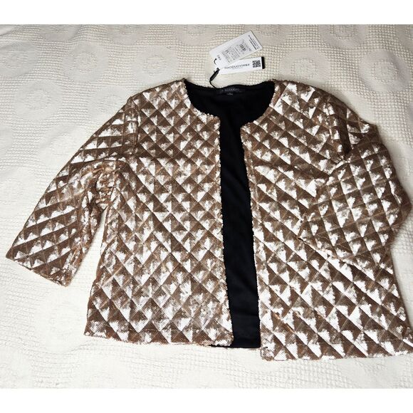 Chic Sequin Statement Jacket 3/4 Sleeve Open Front Light Gold Geometric Sz. M - Picture 2 of 7